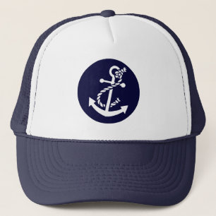White & Navy Blue Nautical Boat Anchor Trucker Hat