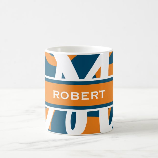 White Navy Blue Orange Monogram Personalised  Coffee Mug (Center)