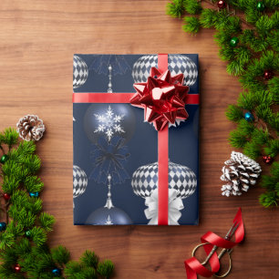 White Navy Blue Ornaments Holiday Wrapping Paper
