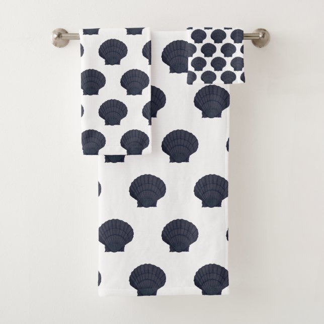 WHITE NAVY BLUE SEASHELL BATHROOM TOWEL SET (Insitu)