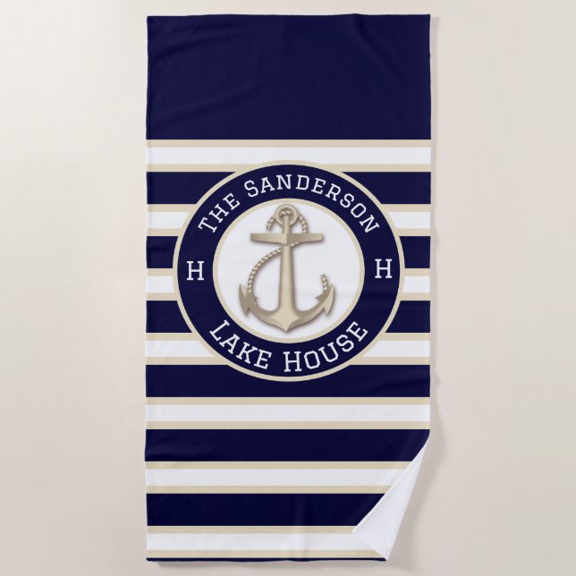 White Navy Blue Stripe Beach house or Lake house  Beach Towel (Front)