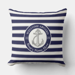 White  Navy Blue Stripe Boat Name Anchor Welcome Cushion
