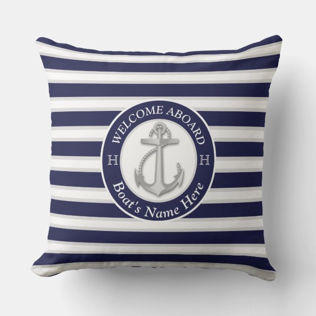 White  Navy Blue Stripe Boat Name Anchor Welcome Cushion (Front)