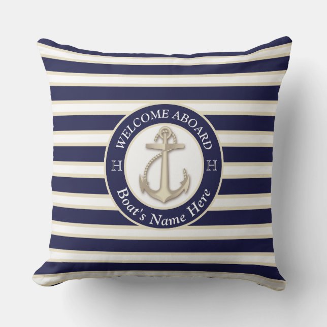 White  Navy Blue Stripe Boat Name Anchor Welcome Cushion (Front)