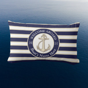 White  Navy Blue Stripe Boat Name Anchor Welcome Lumbar Cushion