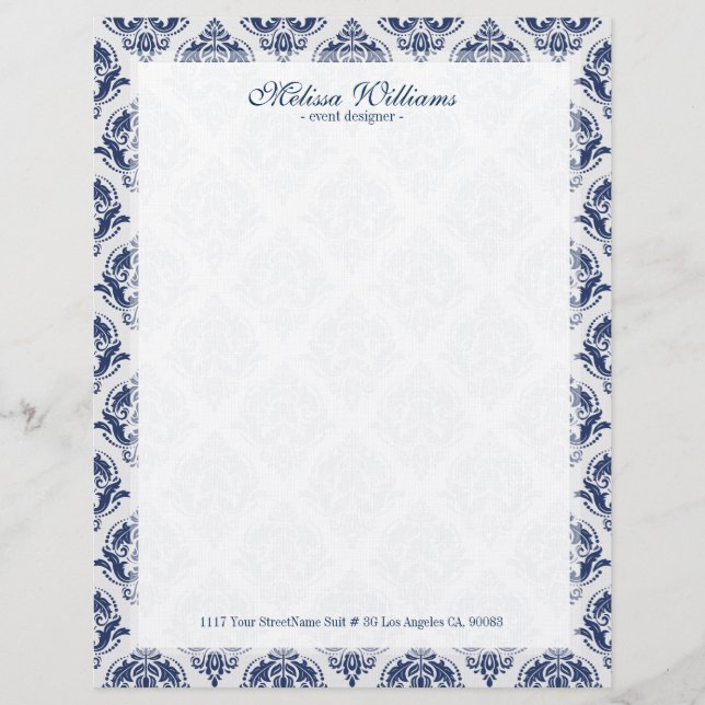 White  & Navy Blue Vintage Damasks Pattern Personalized Letterhead (Front)