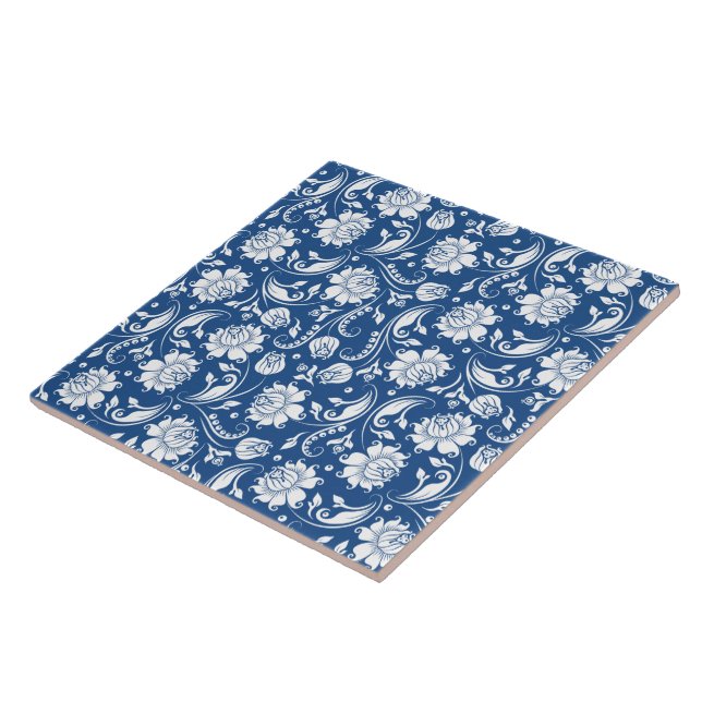 White & Navy Blue Vintage Floral Damasks Tile (Side)