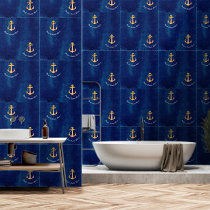 White Navy Blue w/ Yellow Boat Anchor Monogram Wallpaper