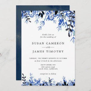 White Navy Blue Watercolor Winter Wedding Invitation
