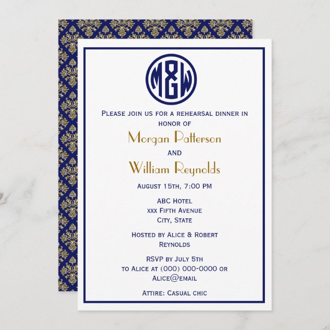 White Navy Circle Monogram Font DIY BG Invitation (Front/Back)