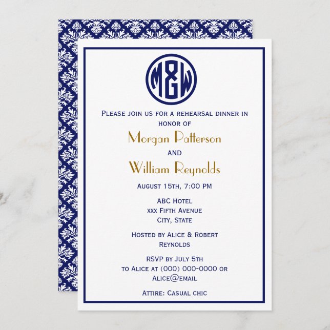 White Navy Circle Monogram Font DIY BG Invitation (Front/Back)
