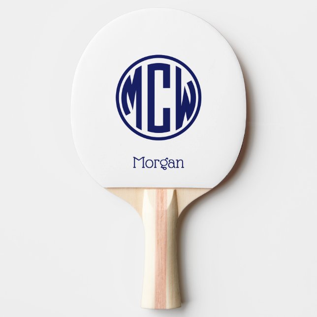 White Navy Circle Monogram Font DIY BG Ping Pong Paddle (Front)