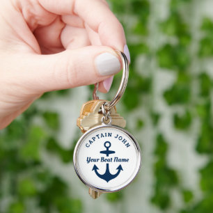 White Navy Custom Captain and Boat Name Anchor Key Ring