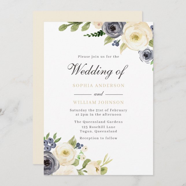 White & Navy Elegant Floral Roses Wedding Invitation (Front/Back)