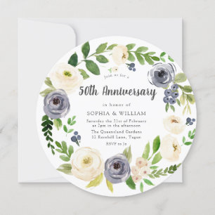 White Navy Floral Wreath 50th Wedding Anniversary Invitation