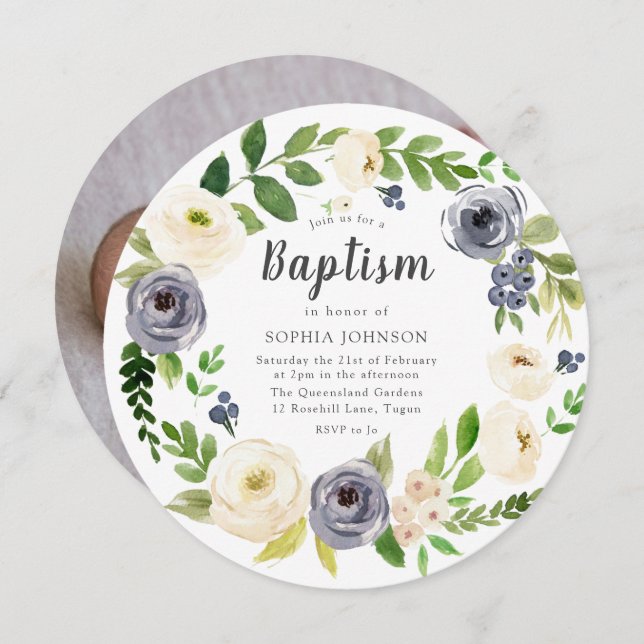White Navy Floral Wreath Baby Photo Baptism Invitation (Front/Back)