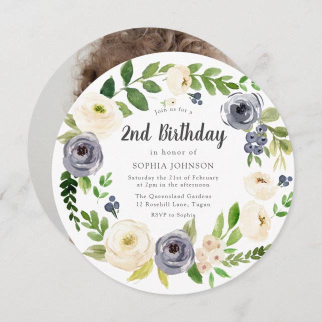 White Navy Floral Wreath Photo 2nd Birthday Party Invitation (Front/Back)