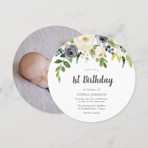 White & Navy Flowers Baby Photo 1st Birthday Party Invitation