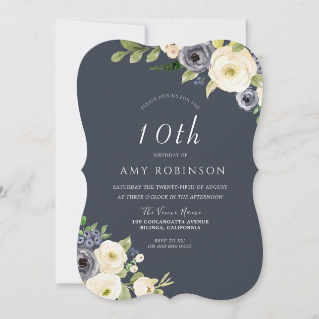 White & Navy Flowers Beautiful 10th Birthday Party Invitation (Front)