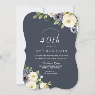 White & Navy Flowers Beautiful 40th Birthday Party Invitation