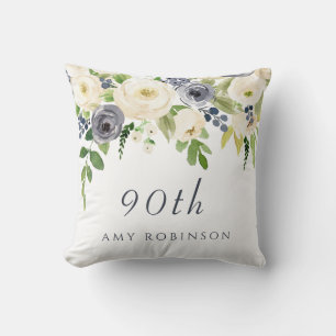 White & Navy Flowers Beautiful 90th Birthday Gift Cushion