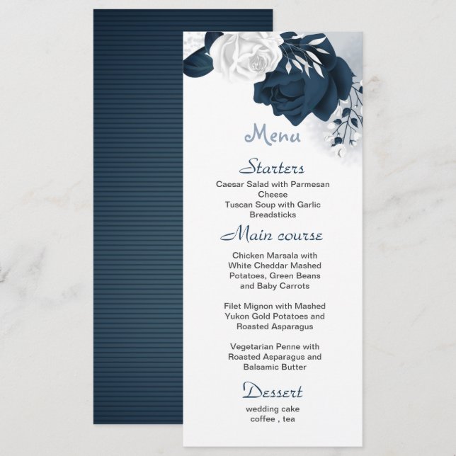 white & navy flowers beautiful wedding  menu (Front/Back)