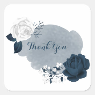 white & navy flowers thank you square sticker