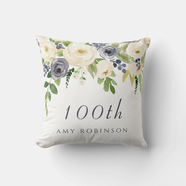 White & Navy Flowers womans 100th Birthday Gift Cushion (Front)