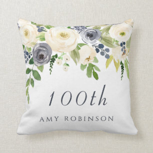 White & Navy Flowers womans 100th Birthday Gift Cushion