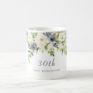 White & Navy Flowers Womans 30th Birthday Gift Coffee Mug