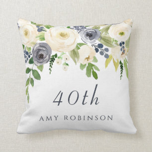 White & Navy Flowers womans 40th Birthday Gift Cushion