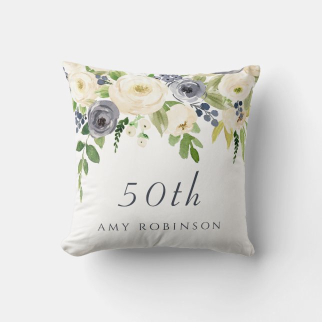 White & Navy Flowers womans 50th Birthday Gift Cushion (Front)