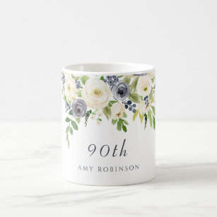 White & Navy Flowers Womans 90th Birthday Gift Coffee Mug