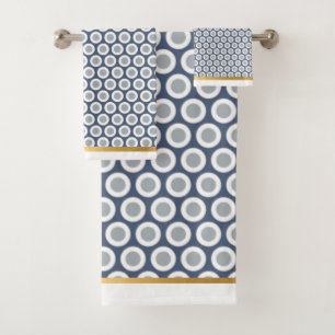 WHITE NAVY GEOMETRIC CIRCLES BATHROOM TOWEL SET