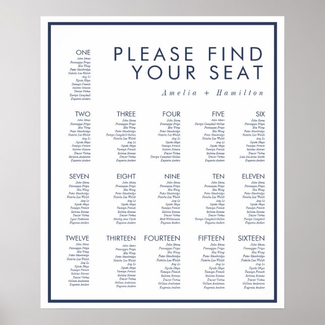 White & Navy Modern Minimal Wedding Seating Poster (Front)
