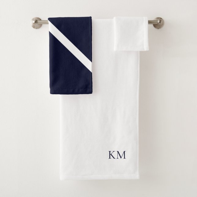White & Navy Monogram Wedding Gift Bath Towel Set (Insitu)