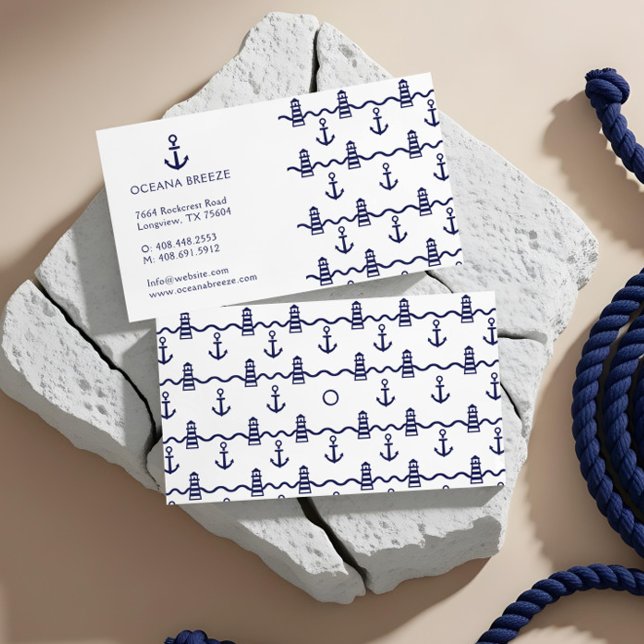 White & Navy Nautical Anchor Lighthouse Pattern Business Card (White & Navy Nautical Anchor Lighthouse Pattern Business Card)