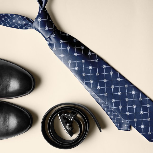 White & Navy Nautical Ship Wheel Diamond Pattern Tie (Creator Uploaded)