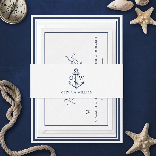 White Navy Nautical Wedding Monogram Anchor Invitation Belly Band (Creator Uploaded)