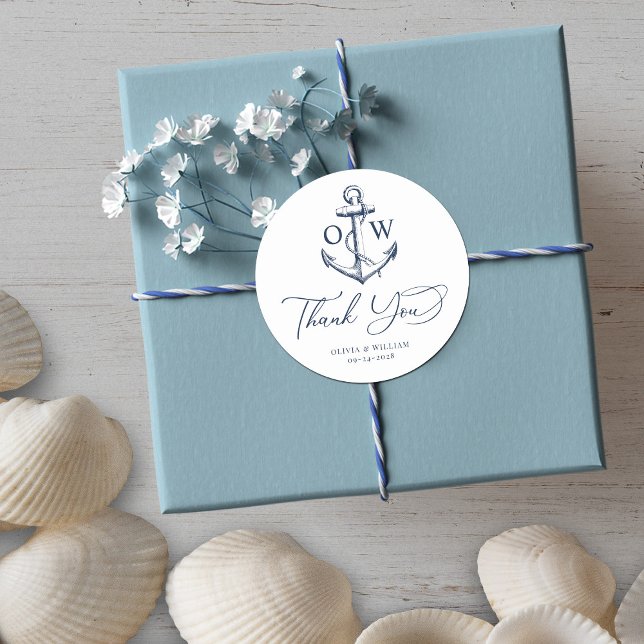 White Navy Nautical Wedding Monogram Thank You Classic Round Sticker (Creator Uploaded)