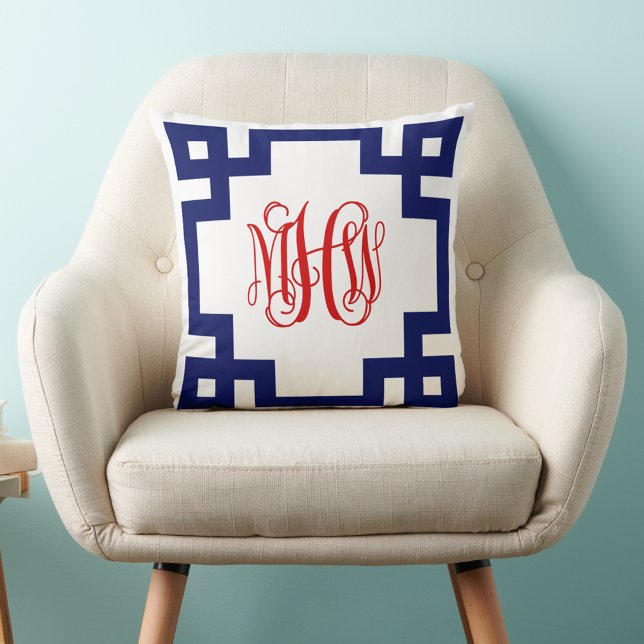 White Navy Red Greek Key Vine Monogram DIY BG Cushion (Creator Uploaded)
