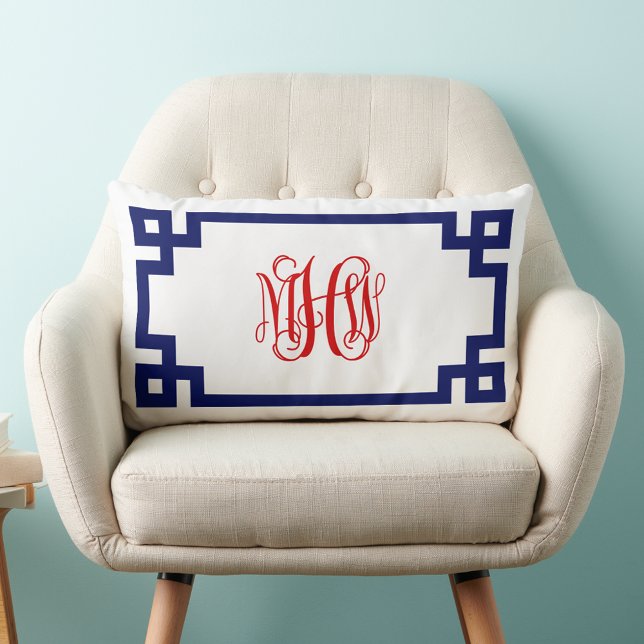 White Navy Red Greek Key Vine Monogram DIY BG Lumbar Cushion (Creator Uploaded)