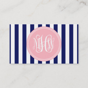 White Navy Vert Stripe 6x Pnk Vine Monogram DIY BG Business Card