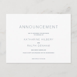 White & Navy Wedding Cancellation Announcement Postcard