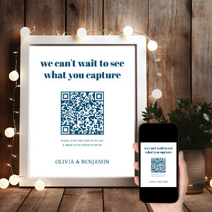 White & Navy   Wedding Photo Share QR Code Sign