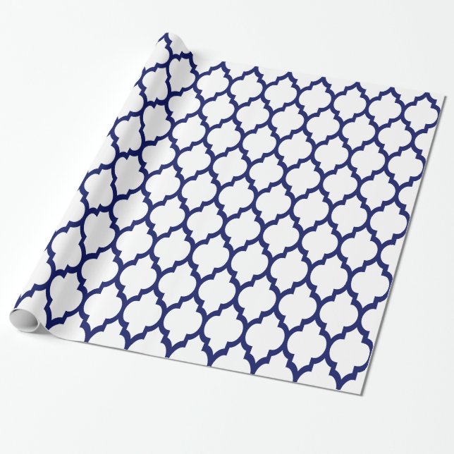 White Navy XL Moroccan Quatrefoil #4 Wrapping Paper (Unrolled)