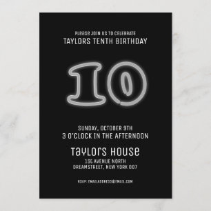 White Neon Sign 10th Trendy Birthday Party Invitation