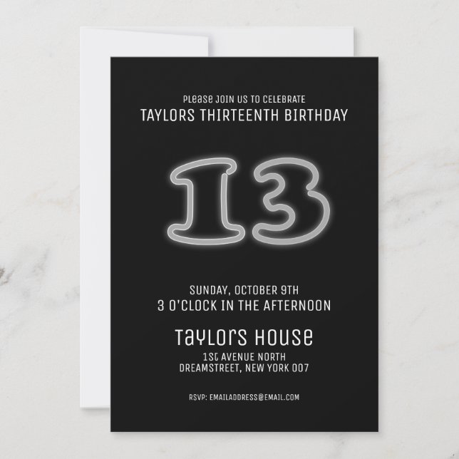 White Neon Sign 13th Trendy Birthday Party Invitation (Front)