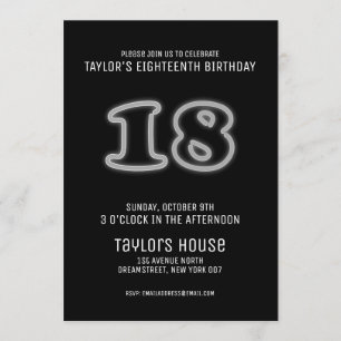 White Neon Sign 18th Trendy Birthday Party Invitation