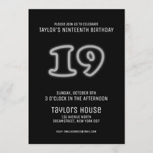 White Neon Sign 19th Trendy Birthday Party Invitation